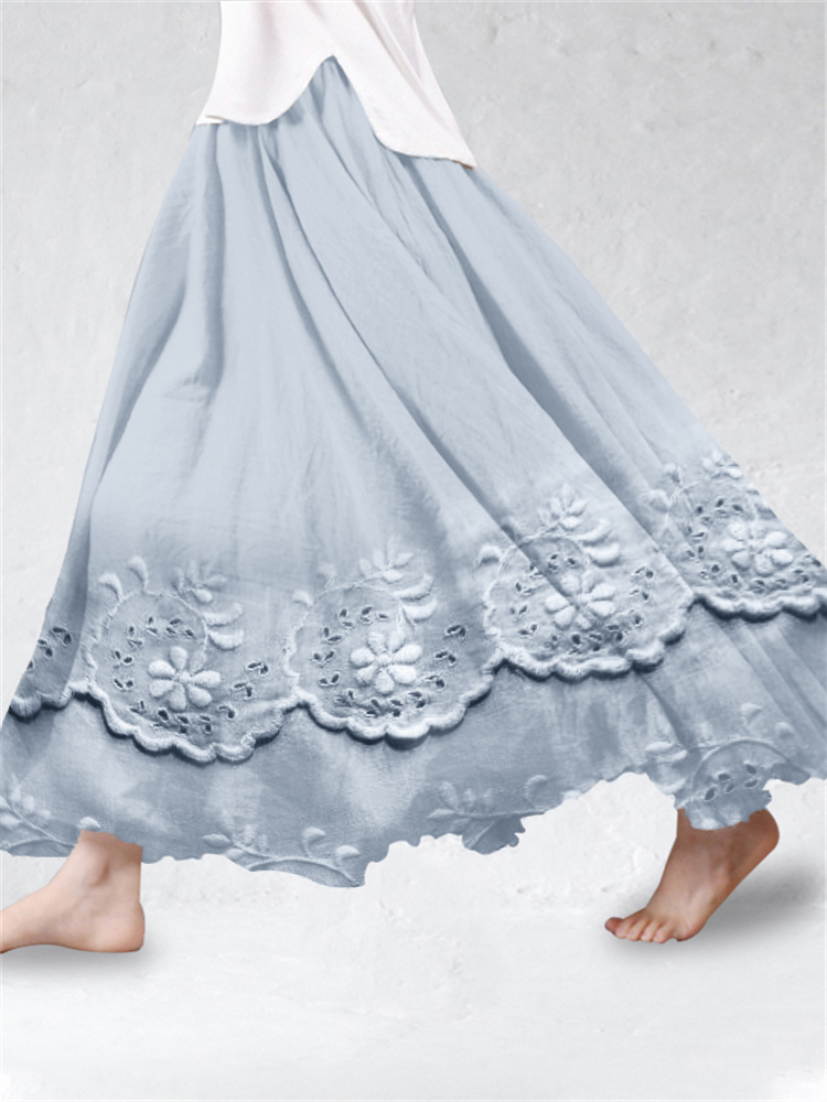 Cottage Floral Embroidered Lace Hem Linen Blend Flowy Skirt artswardrobe