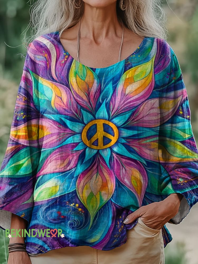 Peaceful Floral Print Casual Round Collar Cotton Linen Shirt Multicolor / S