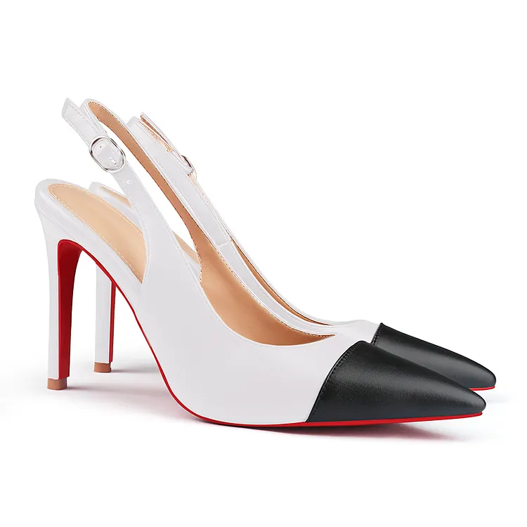 100mm Women's Sandals Black Stitching Pointed Toe Slingback Red Bottom Heels VOCOSI VOCOSI