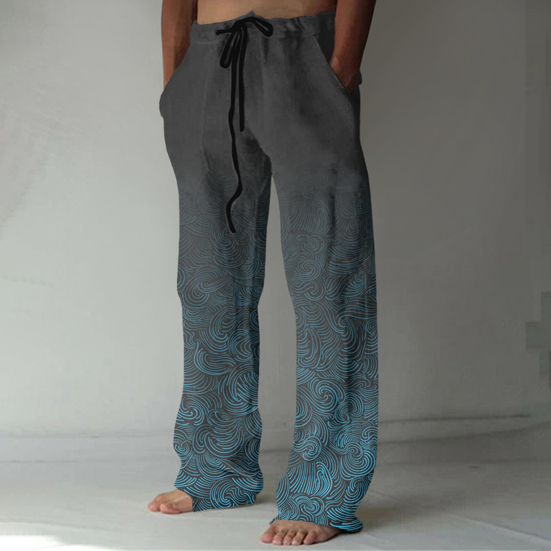 Japanese Ocean Art Graphic Linen Blend Casual Pants  artssus
