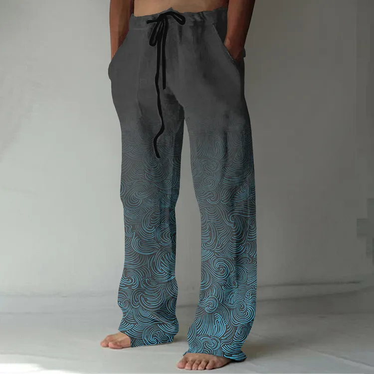 Japanese Ocean Art Graphic Linen Blend Casual Pants