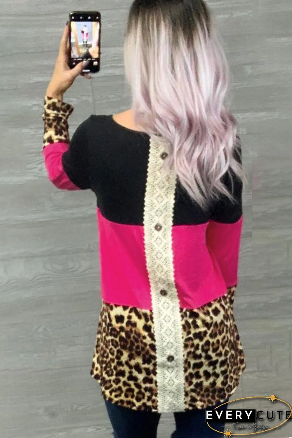 Rose Colorblock Leopard Triple Patchwork Long Sleeve Top