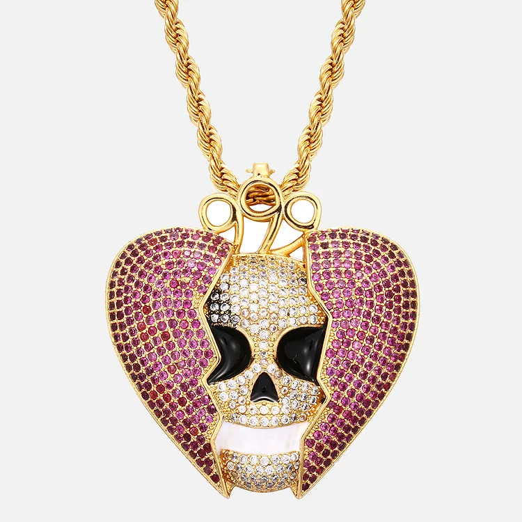 Iced Out Fully Broken Heart Skull Pendants Hip Hop Bling Bling Necklaces For Men