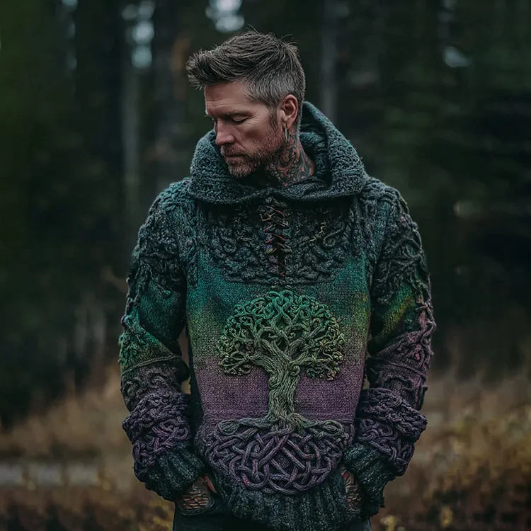 Men's Viking Celtic Knot Tree Of Life Gradient Knitted Warm Hooded Sweater