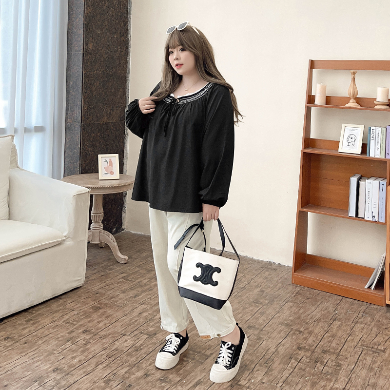 Chic Plus-Size Lace-Up Lantern Sleeve Blouse - Slimming Fall/Winter Chiffon Top