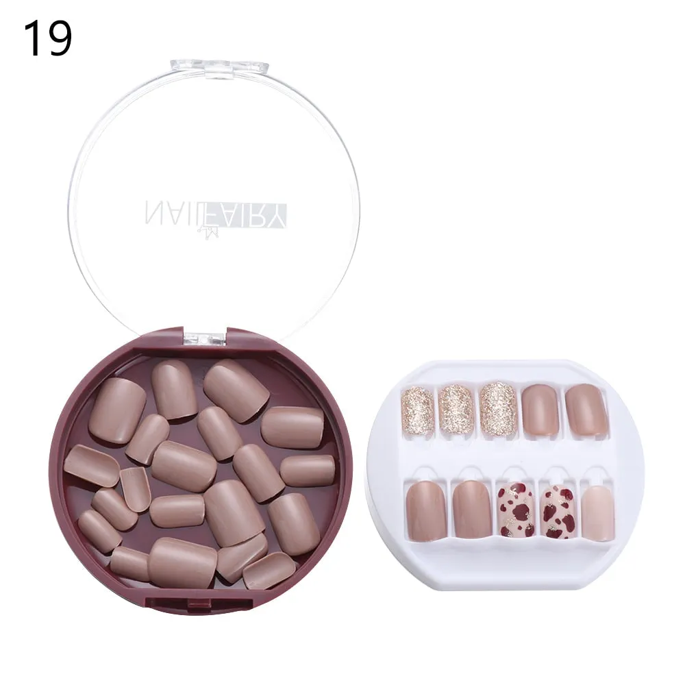 30PCS/Set Fake Nails Press Coffin False Full Artificial Short Kiss Detachable Stick Designs Press Nails Art Tipsy Cover Box