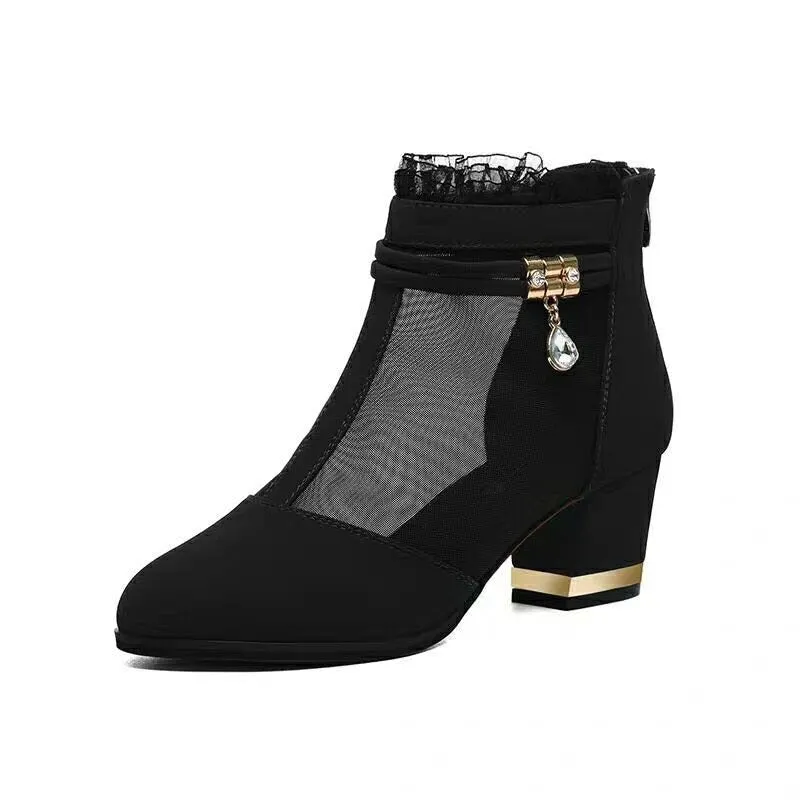 Comemore Autumn Mesh Boots Sandals Middle Heels Lace Shoes Women Rhinestone 2021 Spring Summer Pumps Mujer Black Beautiful 2022