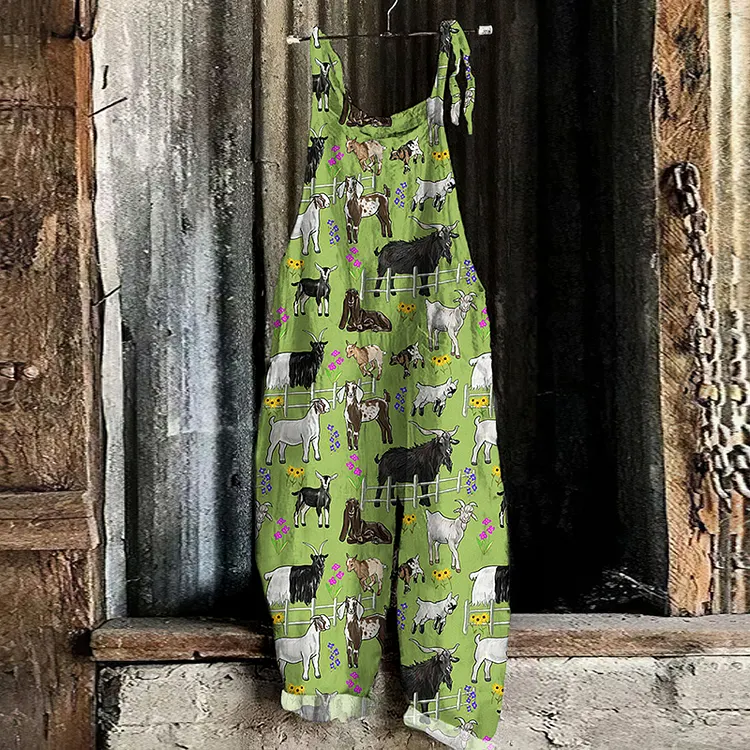 Comstylish Retro Funny Farm Sheep Art Print Linen Loose Casual Jumpsuit