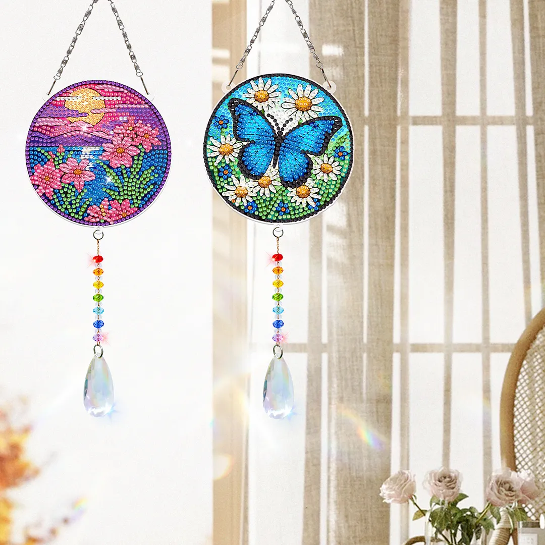 2Pcs Sunset Butterfly DIY Acrylic Diamond Painting Art Wind Chimes with Crystal Pendant Diamond Art Hanging Pendant Double-Sided for Adults Beginners Gift Home Garden Decor