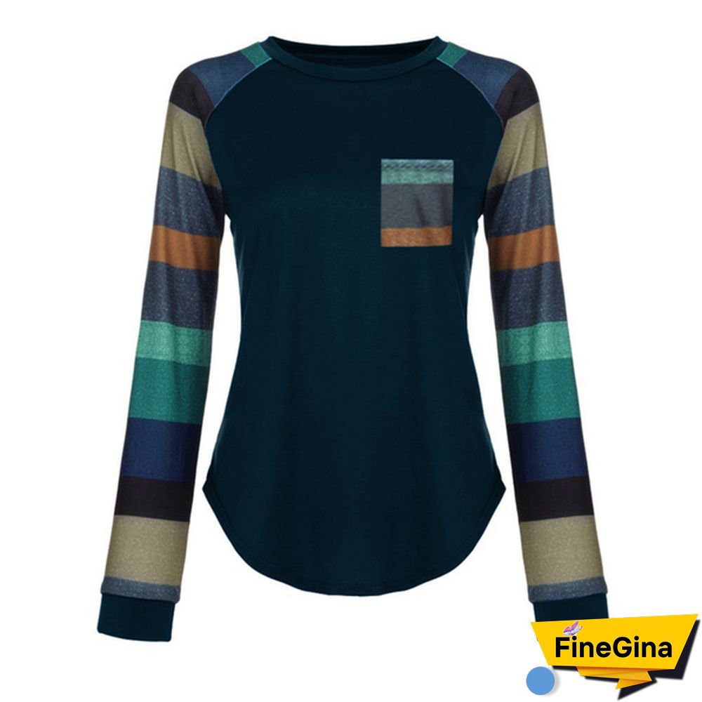 Women Spring-Autumn Stripe Sleeve Patchwork Casual Top T-Shirt Loose Long Sleeve Blouse S-XXL