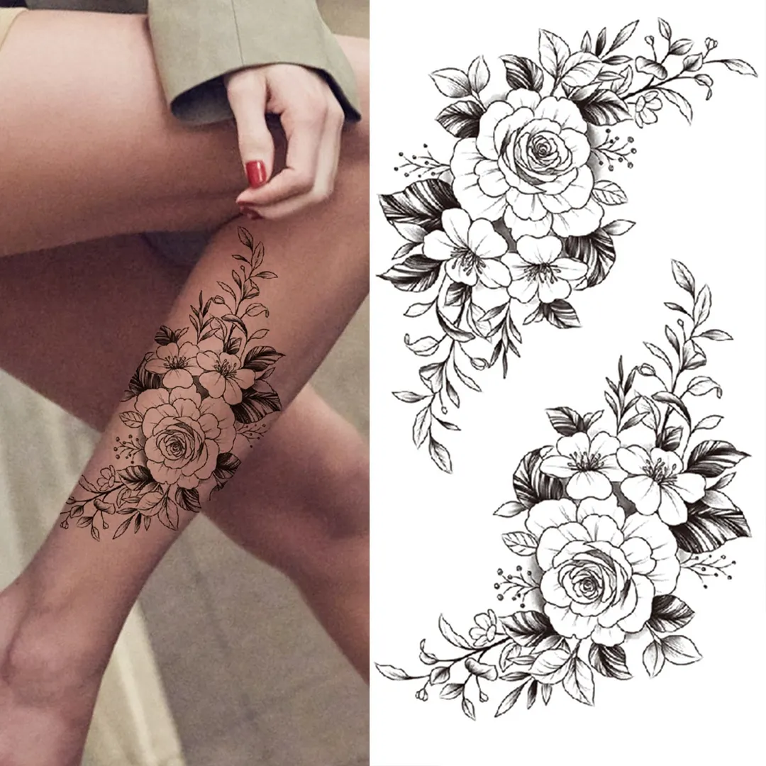 Realistic Fake Peony Temporary Tattoos For Women Girl Black Rose Elephant Flower Tattoo Sticker Tiger Anemone Tatoos Half Sleeve 515-1