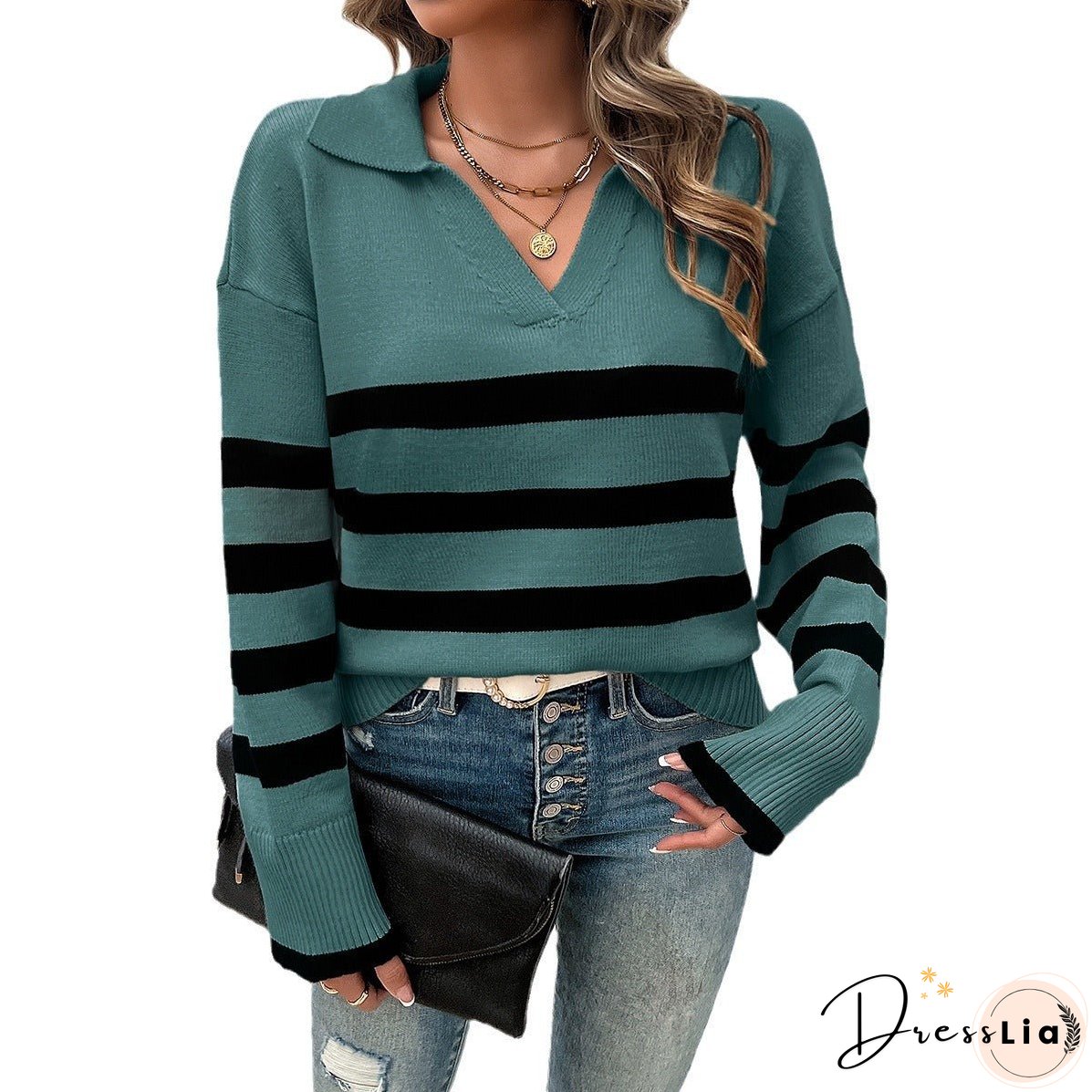 Women's Casual Loose Striped Contrast Color Lapels Sweaters