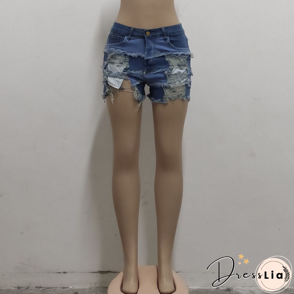 Summer Sexy Patchwork Women Ripped High Waist Holes Stretch Streetwear Plus Size Denim Shorts