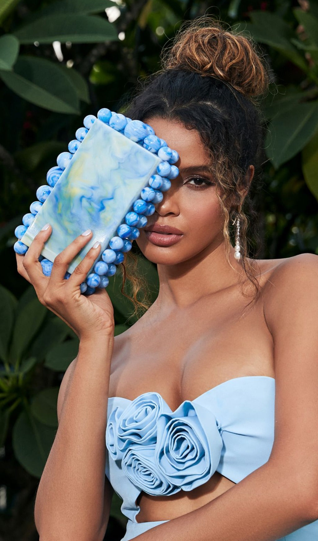 Acrylic Beaded Clutch In Blue Flowering Girl