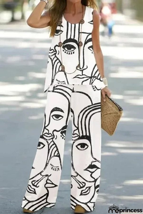 Simply Flourishing Printed Loose Tank and Wide Leg Pants Set