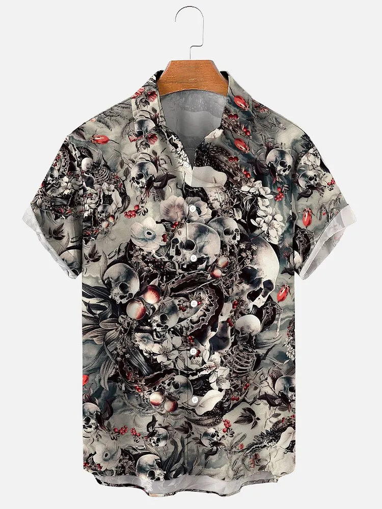 Men's Hawaiian Skull Halloween Casual Print Shirt