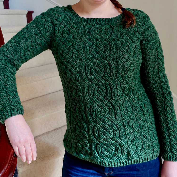 Women's Emerald Isle Braided Cable Crochet  Irish Celtic Knotted Jacquard  Aran Sweater