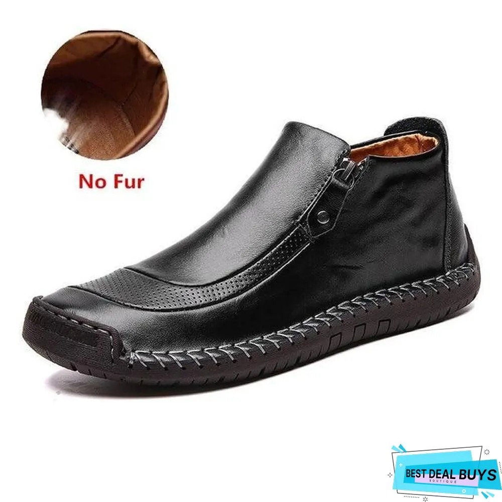 Men Boots Split Leather Ankle Snow Boots Warm Fur Men's Shoes Plush Winter Autumn Driving Shoes
