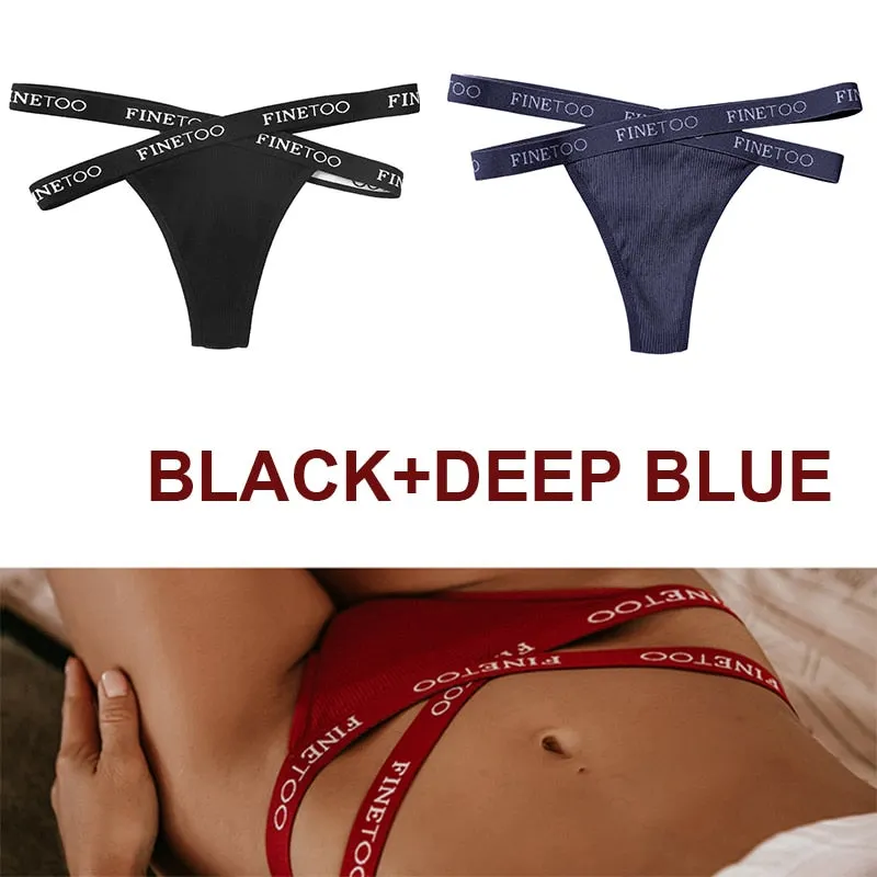FINETOO 2PCS/Set Women's Cotton G-string Sexy Cross Strap Panties Letter Waisted Underwear Thongs Femme Hollow Out Lady Briefs