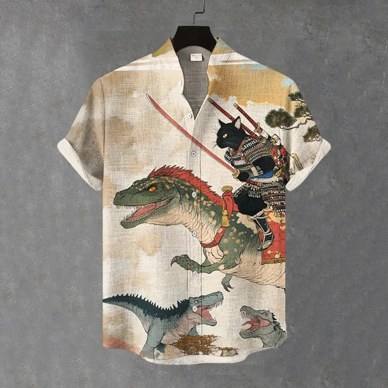 Men's Warrior Cats Fight Dinosaurs Art Print Casual Shirt  artssus