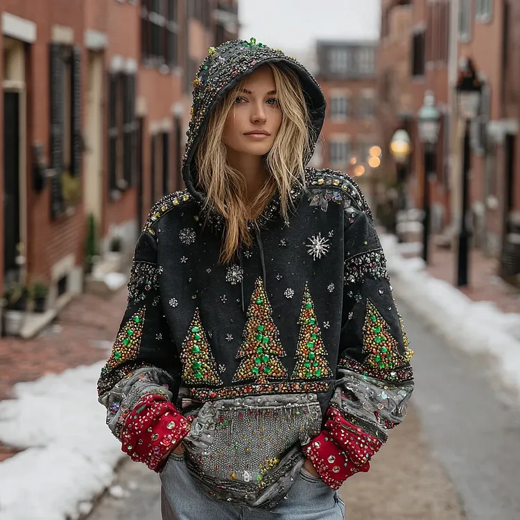 Women's Retro Christmas Tree Pattern Casual Hoodie