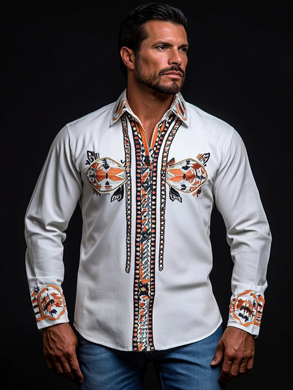 White Native American Long Sleeve Ribbon Shirt