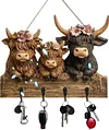 Highland Cow Ornaments Key Holder for Wall Mount 2D Bullhead Animal Wooden Towel Key Hooks Coat Hanger with 4 Hooks Cow Wall Decorative Rack for Entryway Hallway Farmhouse