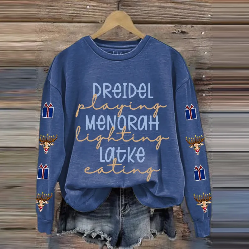 Women's Dreidel Playing Menorah Lighting Latke Eating Printed Casual Sweatshirt