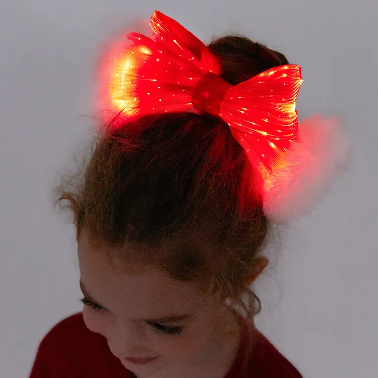Go-Glow Christmas Light Up Big Hair Bows Hairband Including Controller (Built-In Battery)