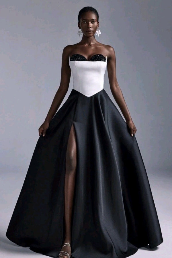 Luxurious Sweetheart Black and White Satin Beaded Sleeveless Prom Dress with Split | WQ0213 Luxurious Sweetheart Black and White Satin Beaded Sleeveless Prom Dress with Split | WQ0213
