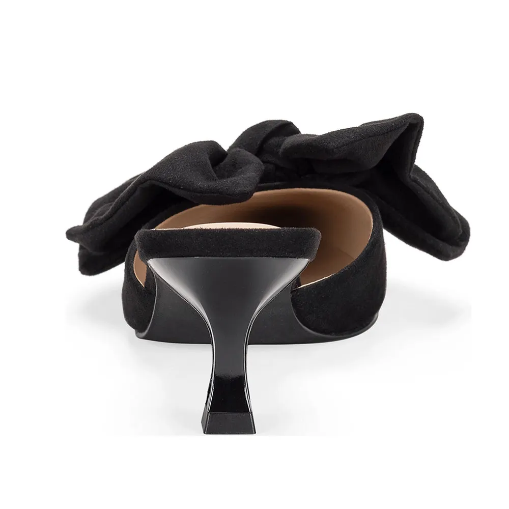 Women's Black Flared Heel Slip On Pointy Toe Mules with Bow