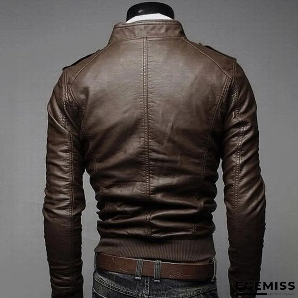 Fashion Men Vintage Motorcycle PU Leather Coats Stand Collar Long Sleeve Outwear Zipper Fitness Cool Jacket | EGEMISS