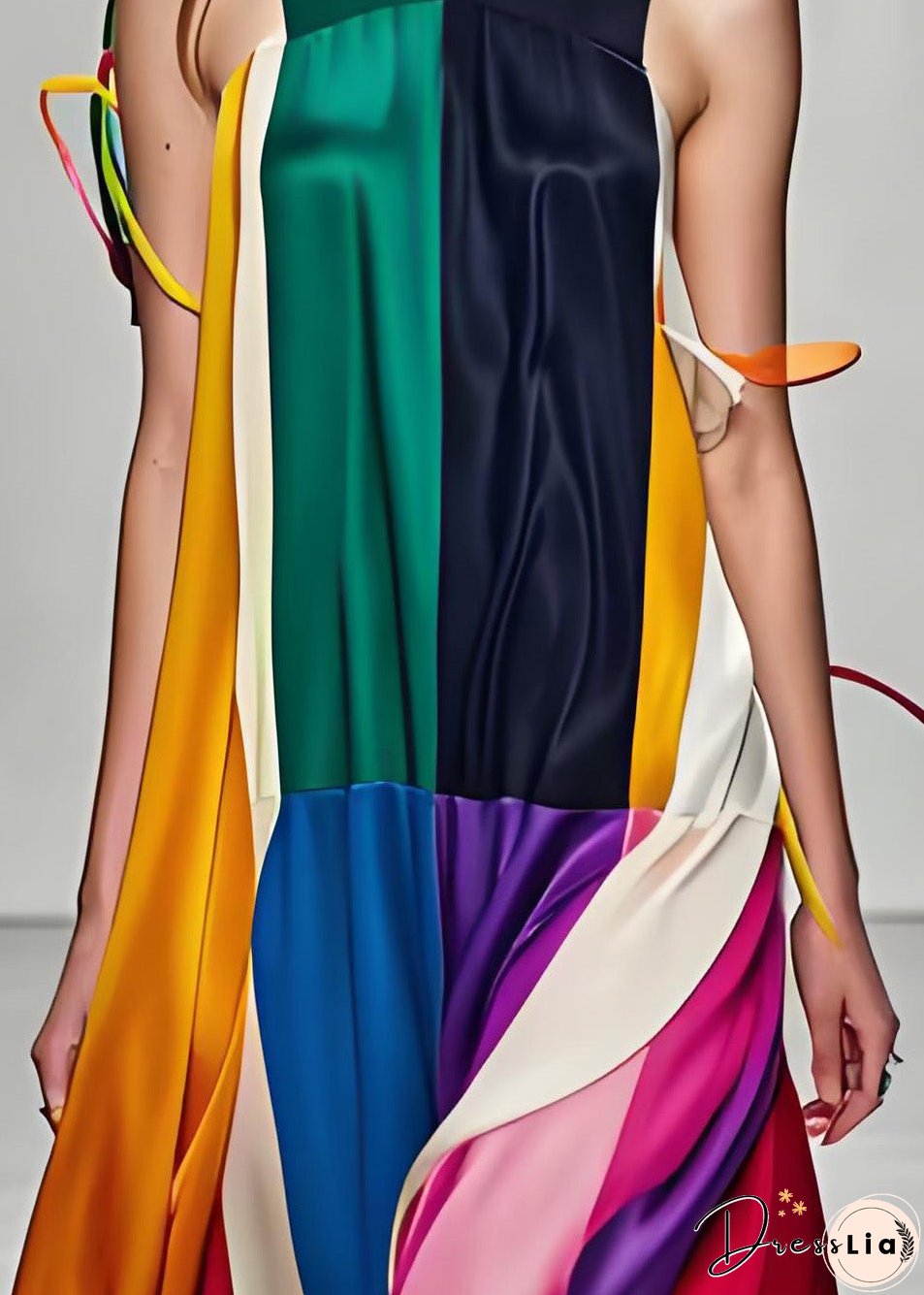 Stylish Colorblock V Neck Patchwork Silk Maxi Dress Sleeveless