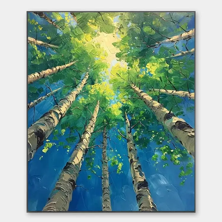 FOREST SUNRISE: Textured Birch Tree Painting, Impasto Wall Art, Vertical Canvas, Nature Decor（Canvas painting）