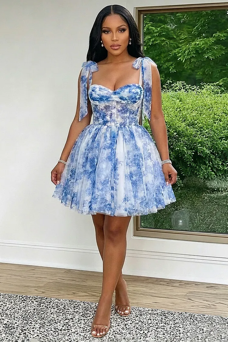 Lace Up Cami Neck Cinch Waist A-Line Mesh Gowns Mini Dresses-Blue [Pre  Order]