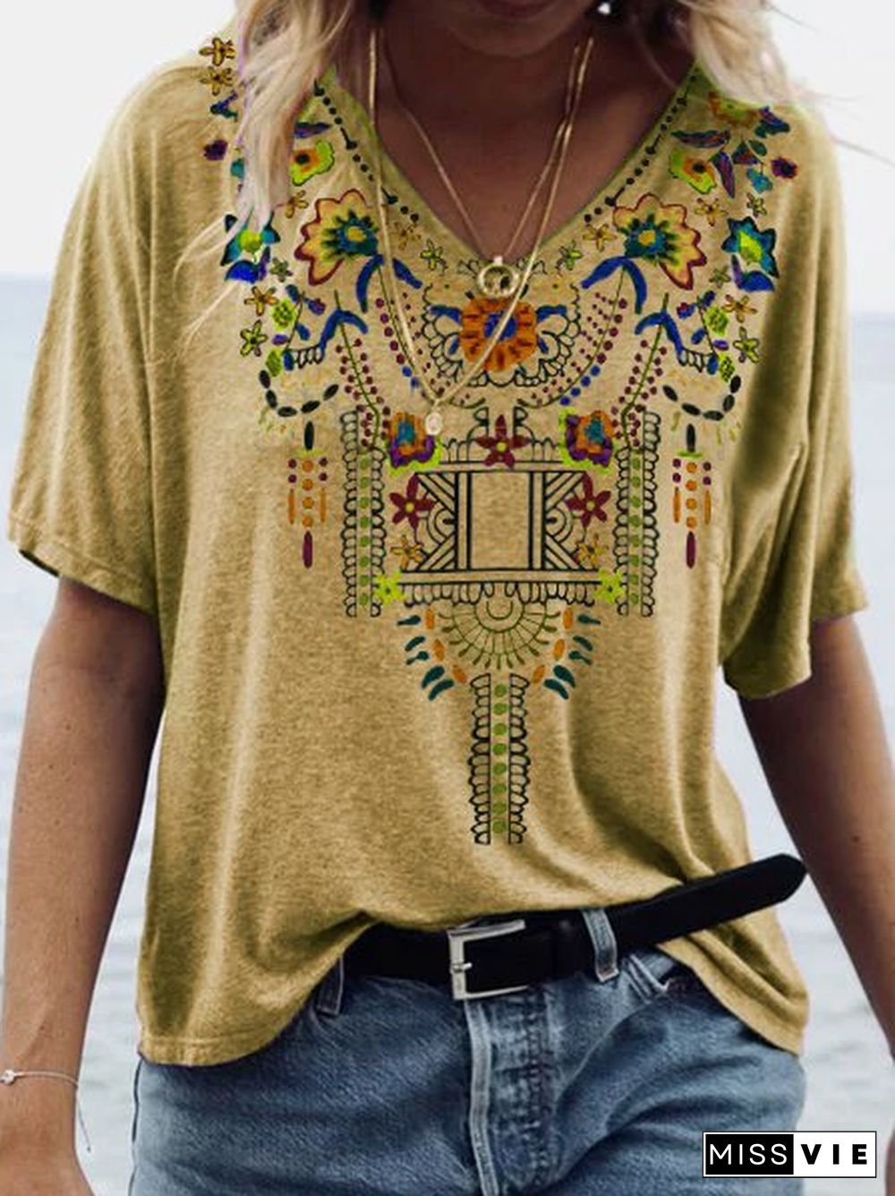 Women Boho Vintage Cotton Floral V Neck T-Shirts