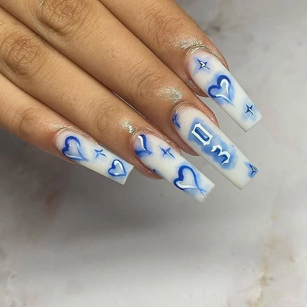 24pcs Extra Long Matte Fake Nails Ballerina Coffin Dark Blue Colorful Rhinestone Decals False Nails with designs Nail Art-Nail Inspo