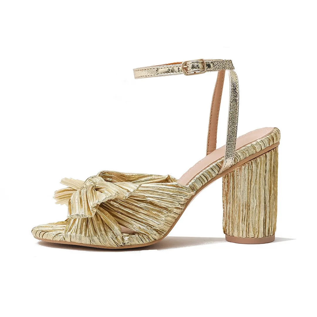 Women Sandals New Brand Summer Shoes Pleated Bow-Knot Round Heels Open Toe Dress Shoes Big Size Party Wedding Shoes