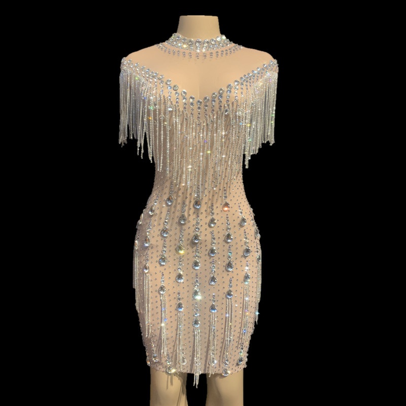 GOOSHOE Mesh Perspective Crystals Dress Bodycon Party Tassel Dress Women Rhinestone Dress Club Stage Costume