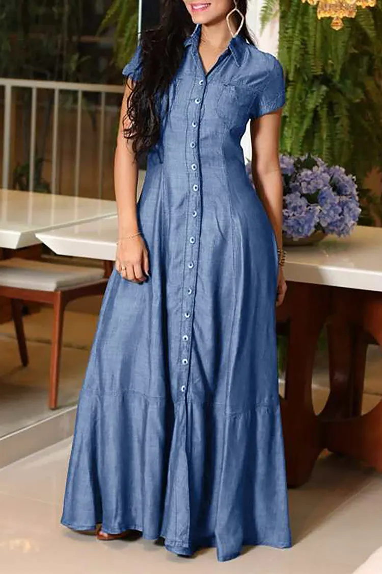 Plus Size Casual Dress Light Blue Button Shirt Collar Denim Maxi Dress With Pocket 2024 - Xpluswear