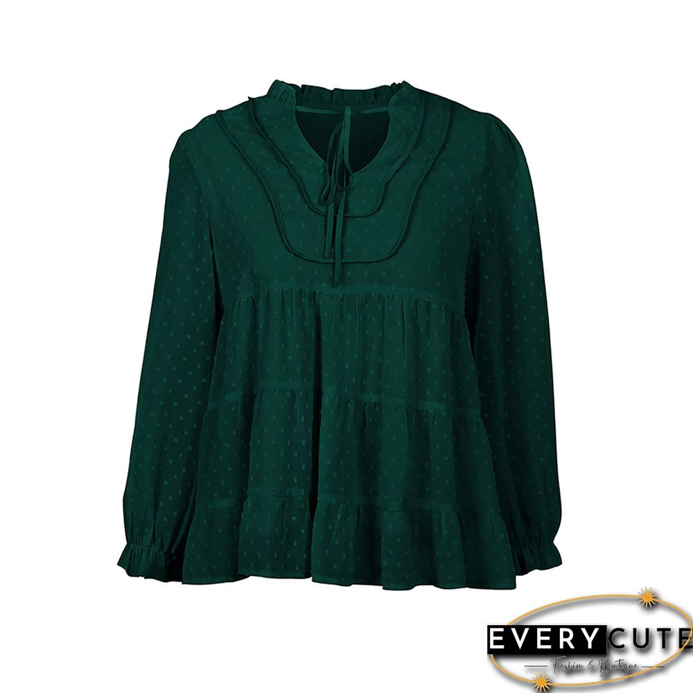 Green Swiss Dot Lace Up Long Sleeve Tops