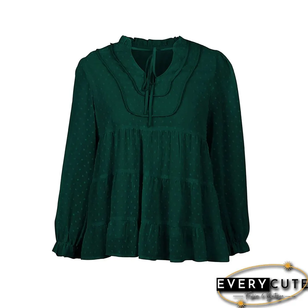 Green Swiss Dot Lace Up Long Sleeve Tops