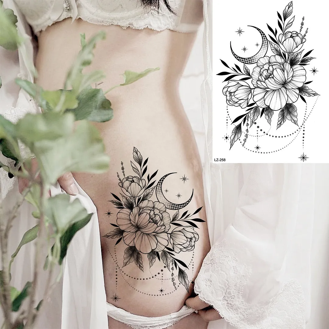 Black Rose Flower Sexy Temporary Tattoos For Women Adult Thigh Peony Skull Realistic Fake Tattoo Sexy Washable Tatoos Sticker