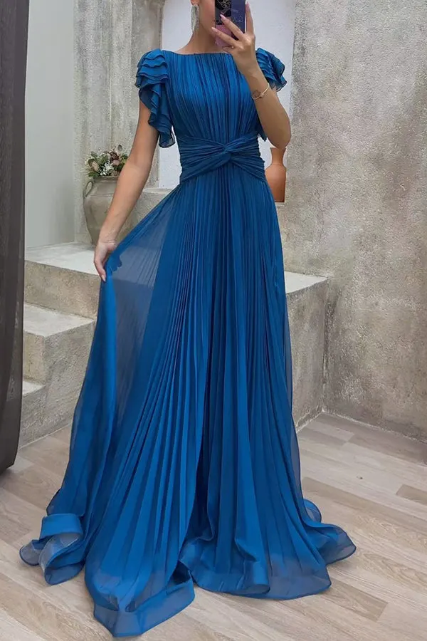 Green Elegant Queen Pleated Ruffle Sleeve Cross Waist Maxi Dress
