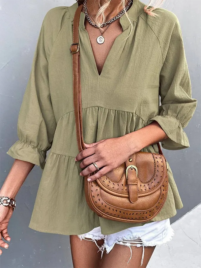 Women's Cotton Solid Color v-Neck Ruffle 3/4 Sleeve Casual Shirt