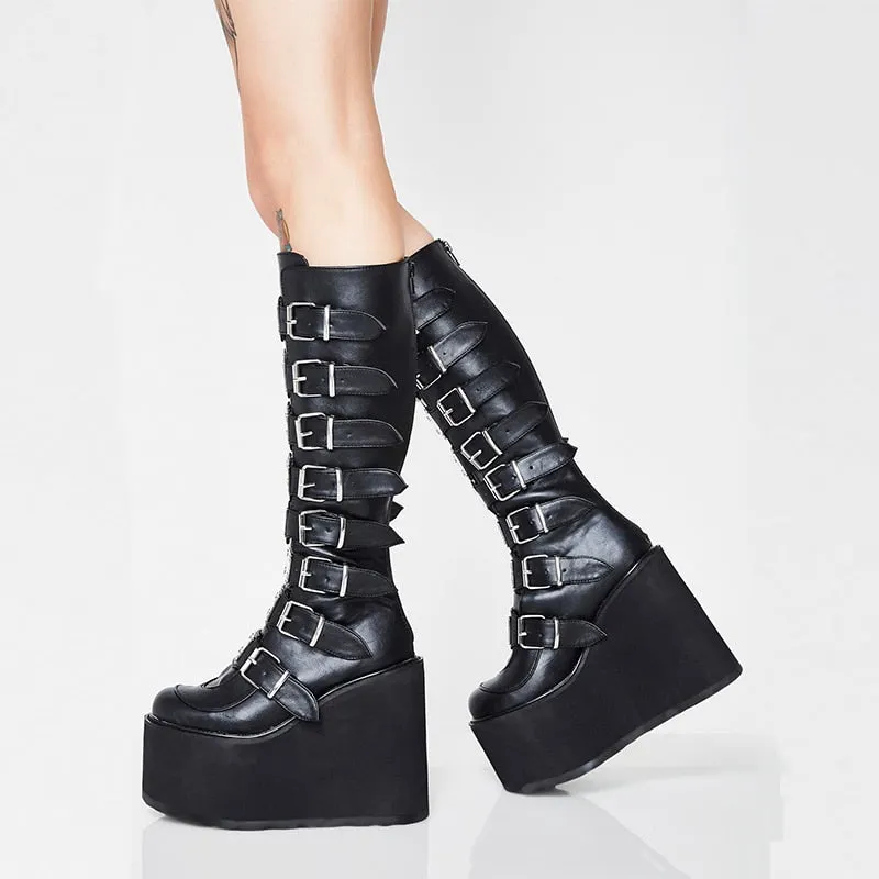 Leather Women Mid-Calf Boots Gothic Style Cool Punk Motorcycles Females Boot Platform Wedges High Heels Calf Boots Women's Shoes