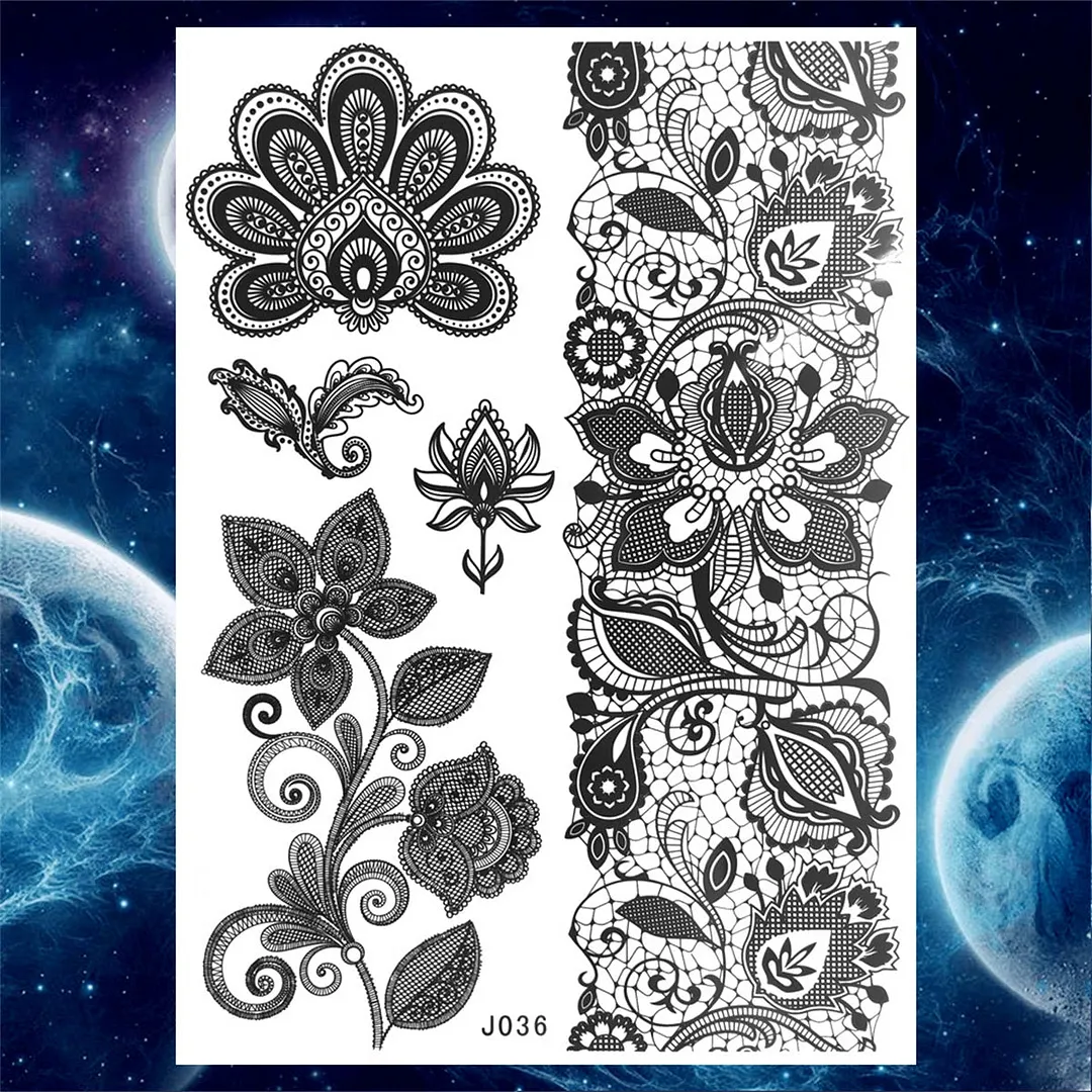 Sexy Black Henna Temporary Tattoos For Women Girls Lotus Flower Lace Tattoo Sticker Fake Jewelry Mandala Body Chest Tatoos Paper