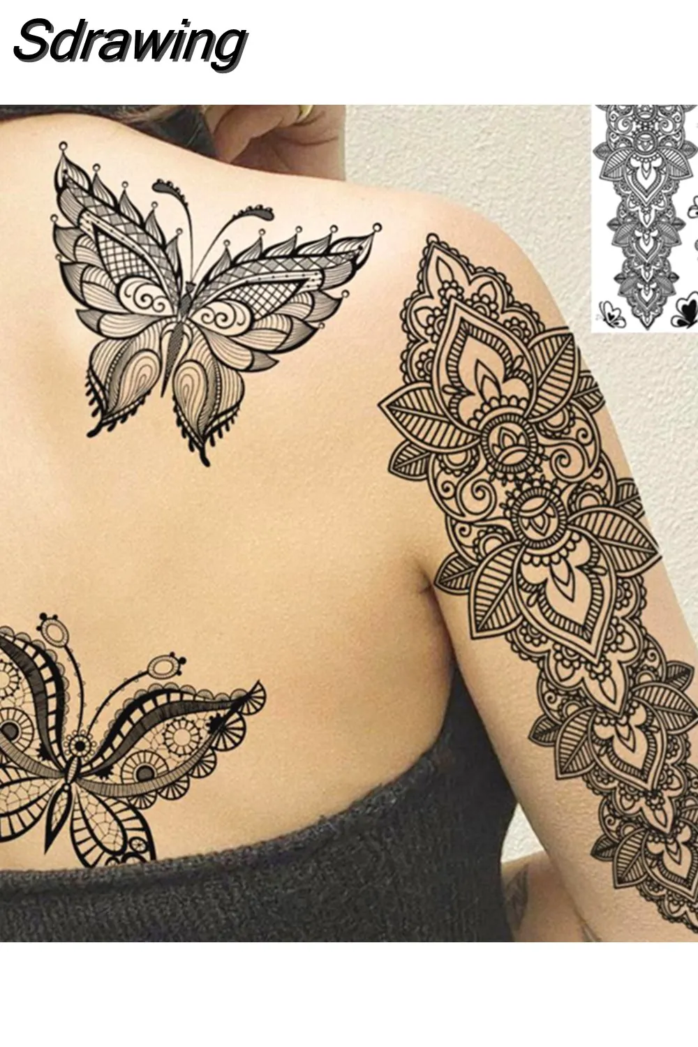 Sdrawing Peony Flower Temporary Tattoos For Women Adults Realistic Compass Moon Pendant Fake Tattoo Sticker Arm Body Tatoos 507-1