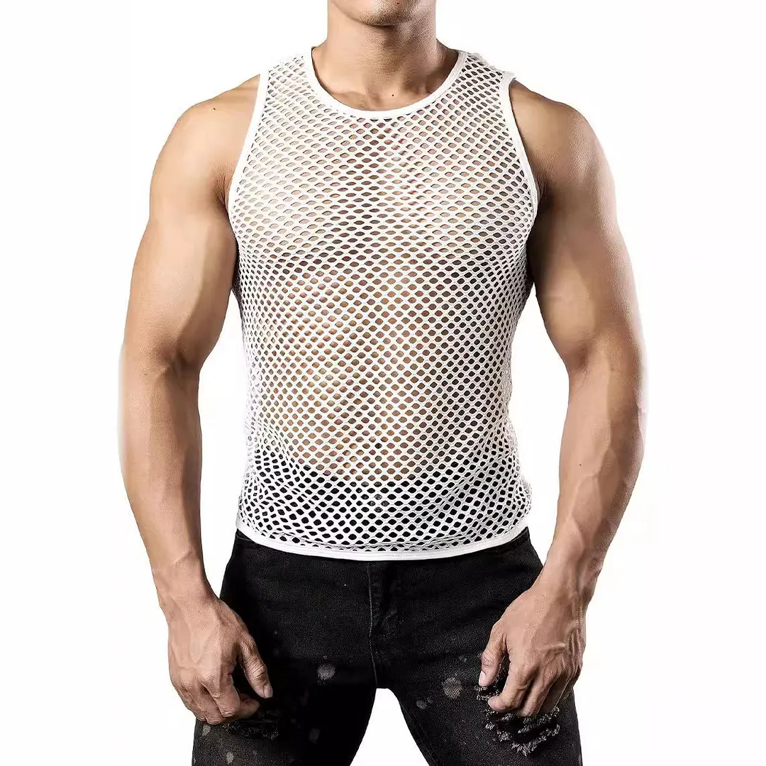 Brownm Brownm New Men's Casual Knit Vest Men's Hollow Out Solid Color Round Collar Sunscreen Clothing Men's Jacket