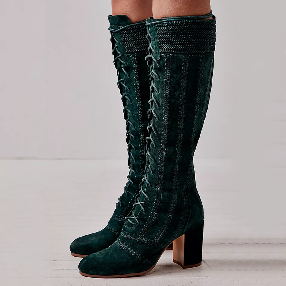 Dark Green Vegan Suede Sewn Knee High Lace Up Boots with Block Heels Nicepairs